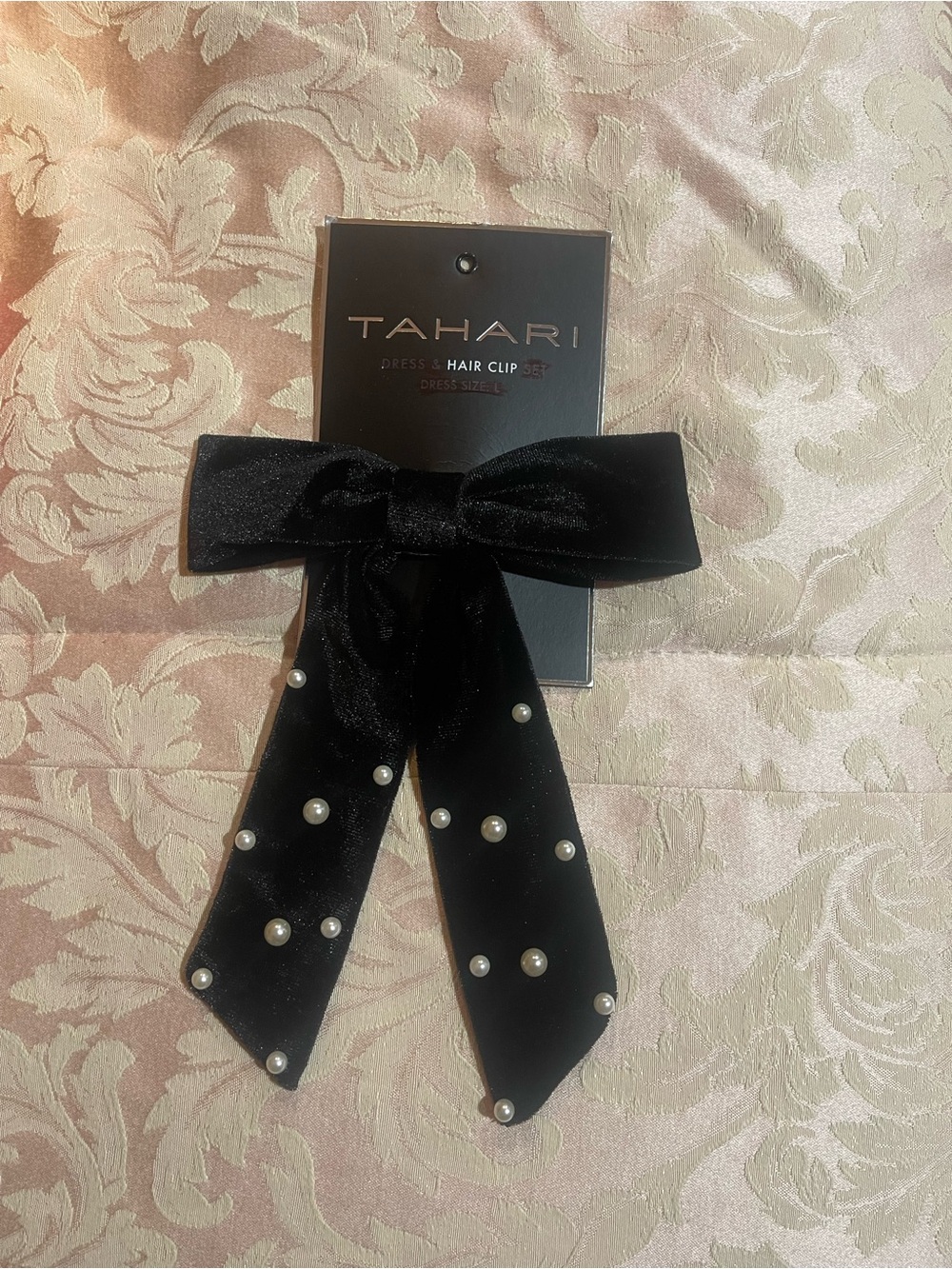 Tahari Black Velvet Bow Hair Clip with Pearl Accents